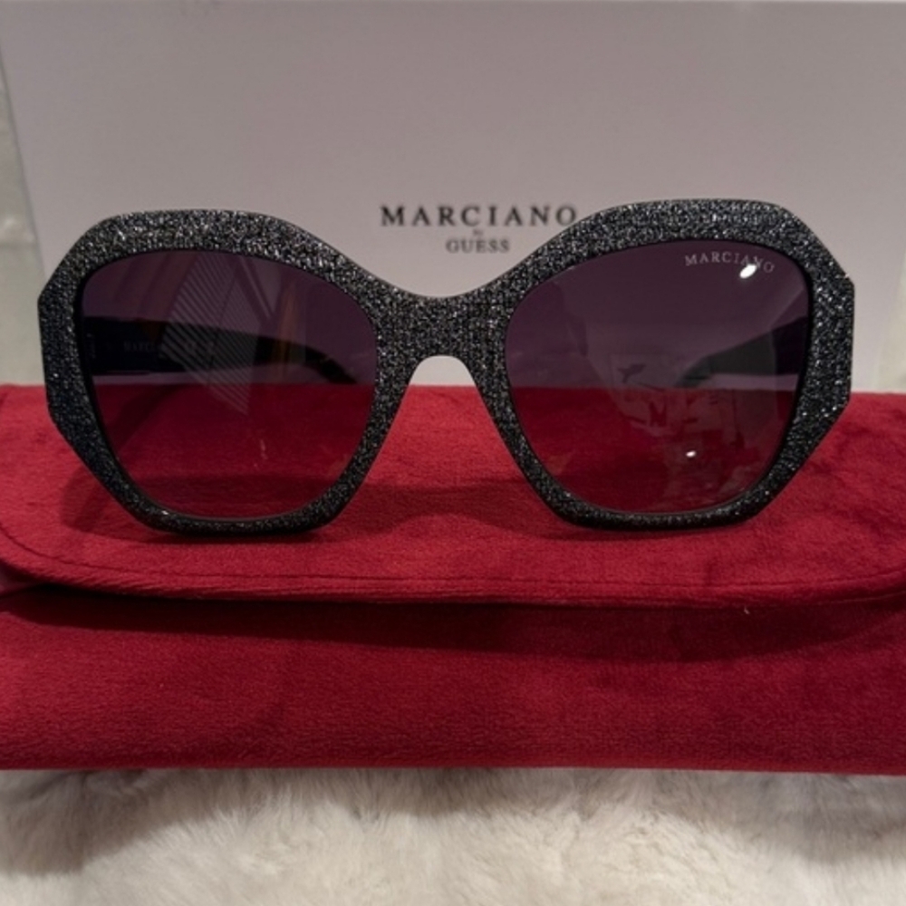 Guess by Marciano Black Glitter Oversized Sunglasses with Silver M Logo